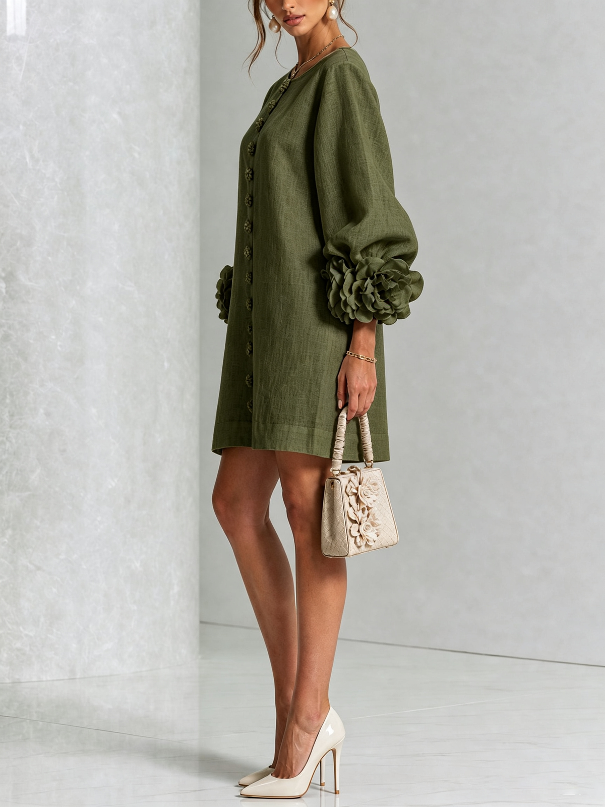 Gaia | Mini Dress in Linen Blend with Rose Cuffs, Olive Green