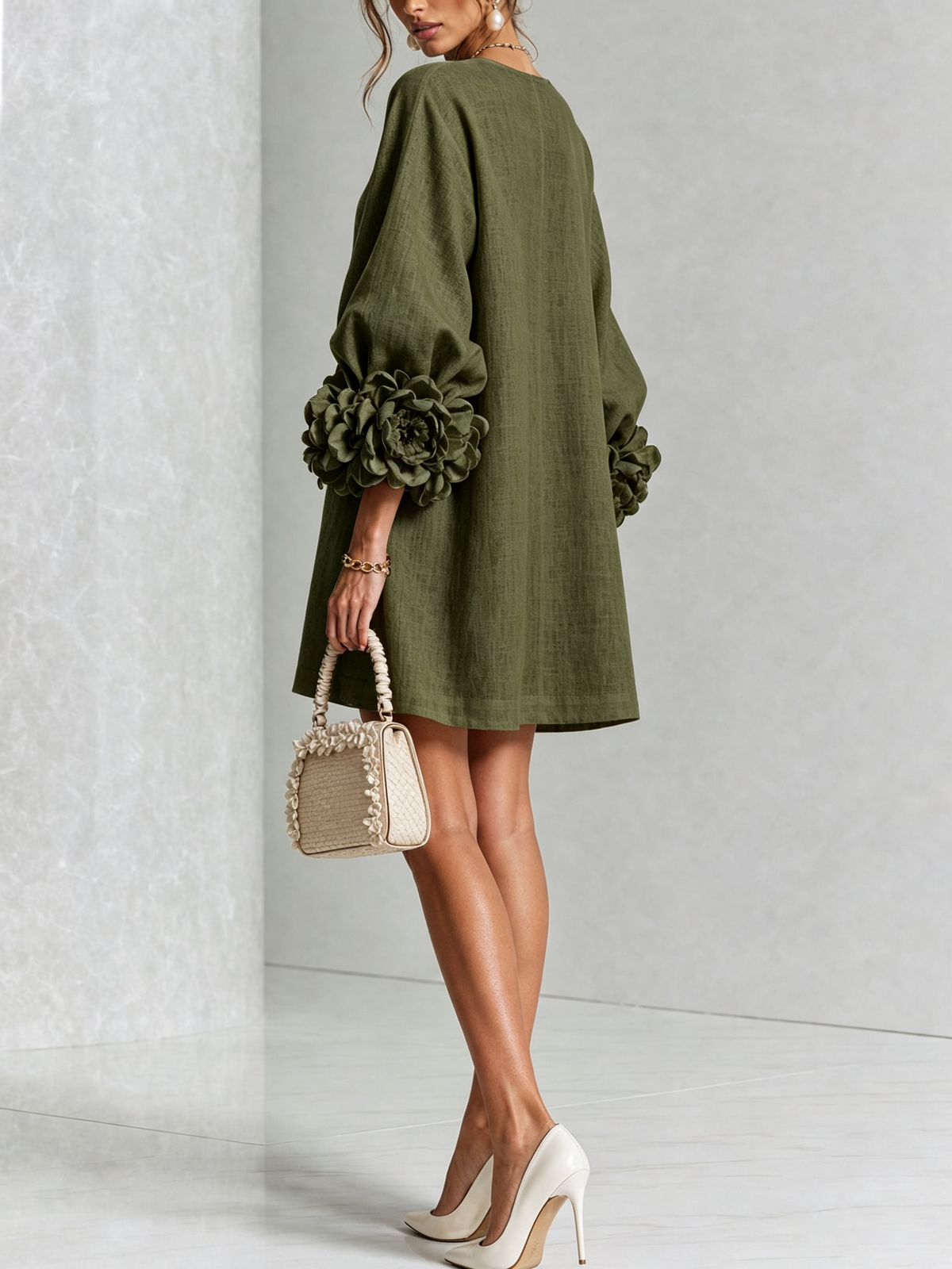 Gaia | Mini Dress in Linen Blend with Rose Cuffs, Olive Green
