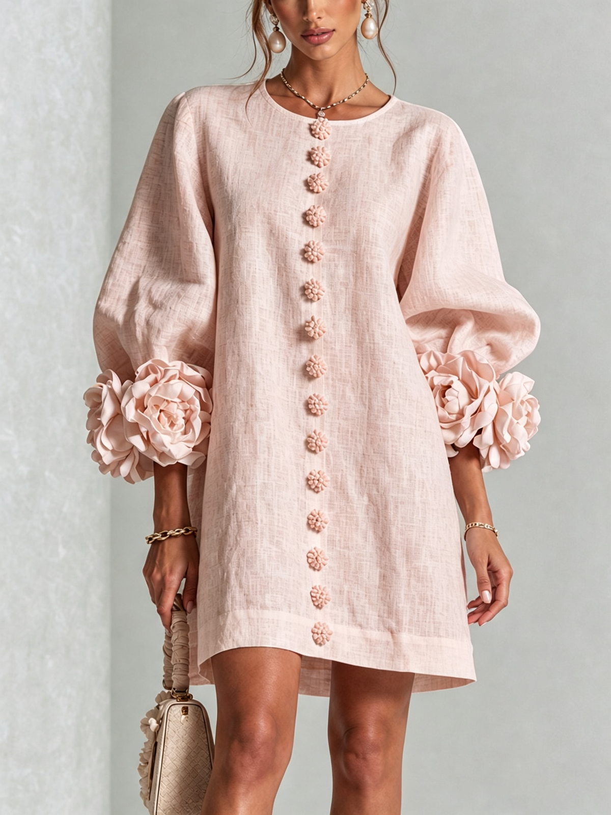 Noemi | Mini Dress in Linen Blend with Rose Cuffs, Pink