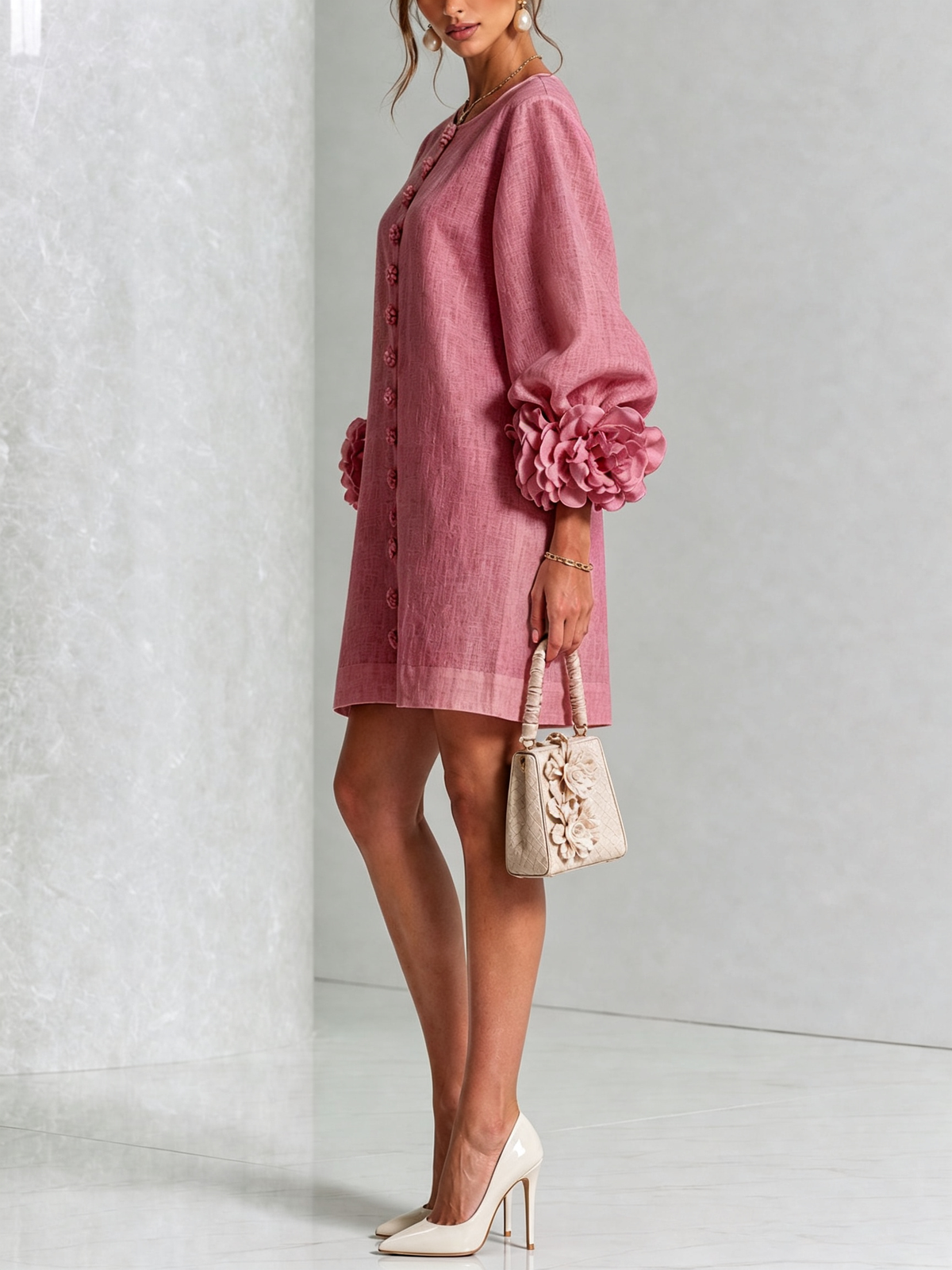 Alba | Mini Dress in Linen Blend with Rose Cuffs, Antique Pink