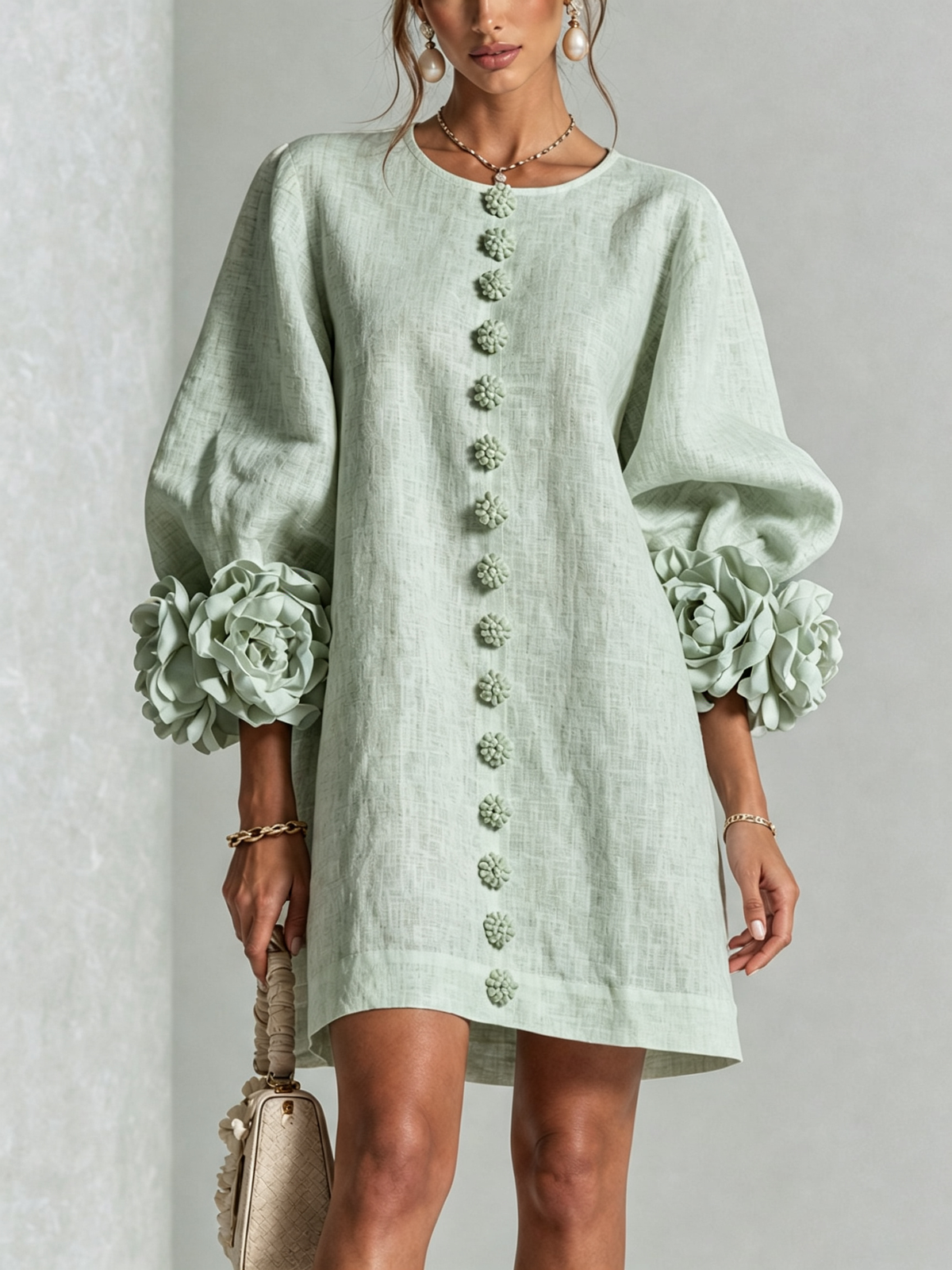 Delia | Mini Dress in Linen Blend with Rose Cuffs, Sage Green