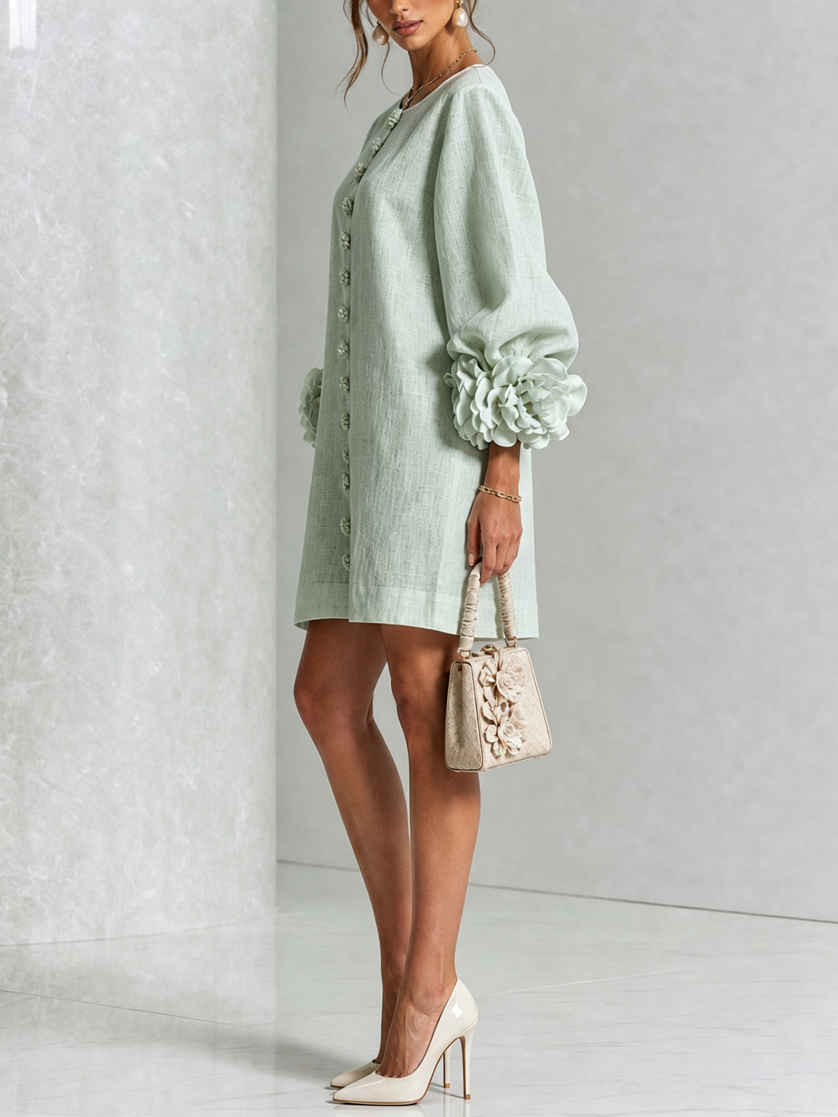 Delia | Mini Dress in Linen Blend with Rose Cuffs, Sage Green