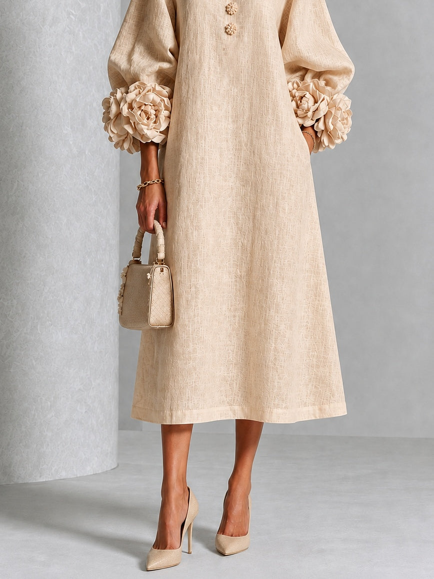 Carlotta | Midi Dress in Linen Blend with Rose Cuffs, Beige