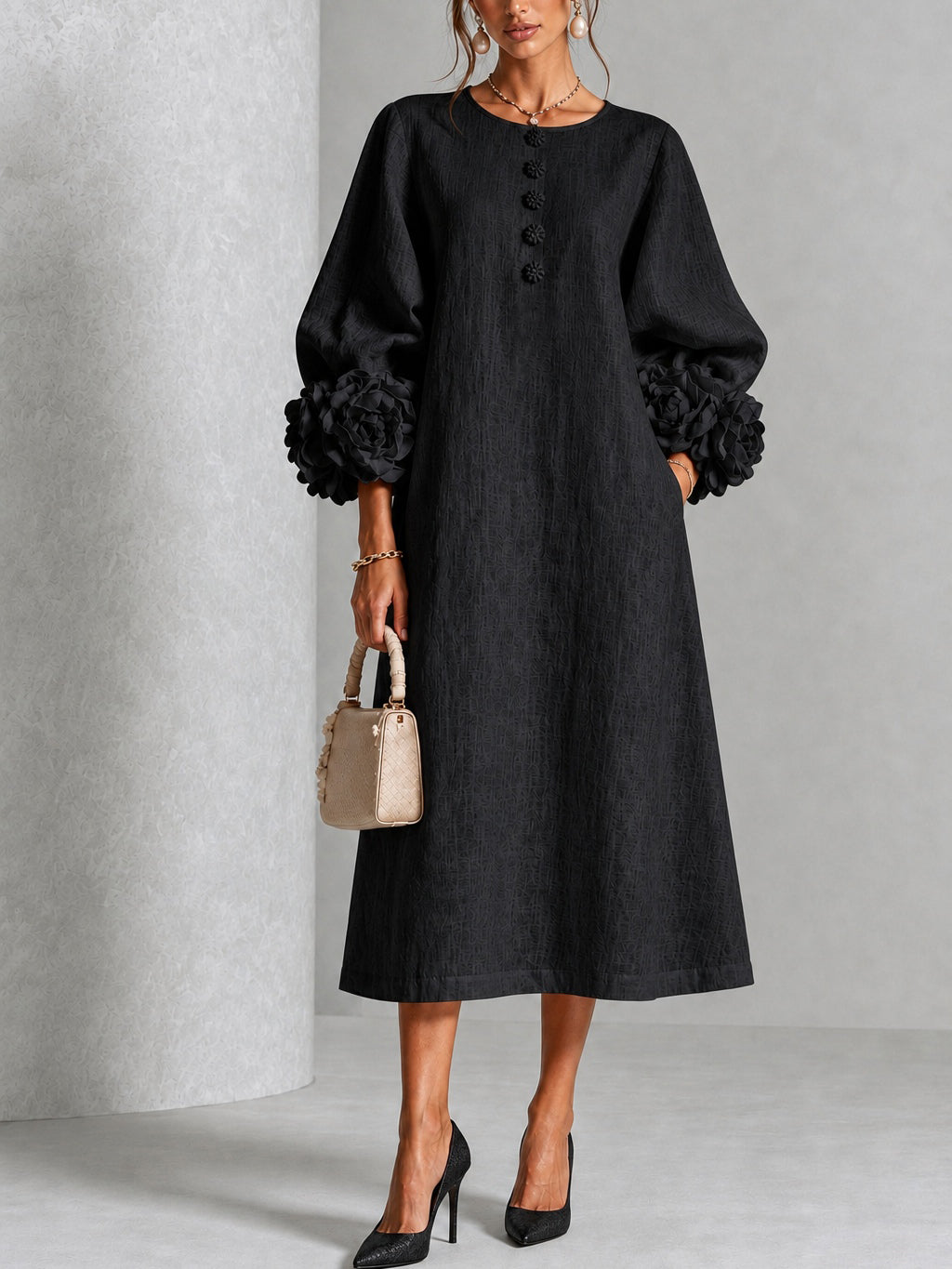 Diana | Midi Dress in Linen Blend with Rose Cuffs, Black