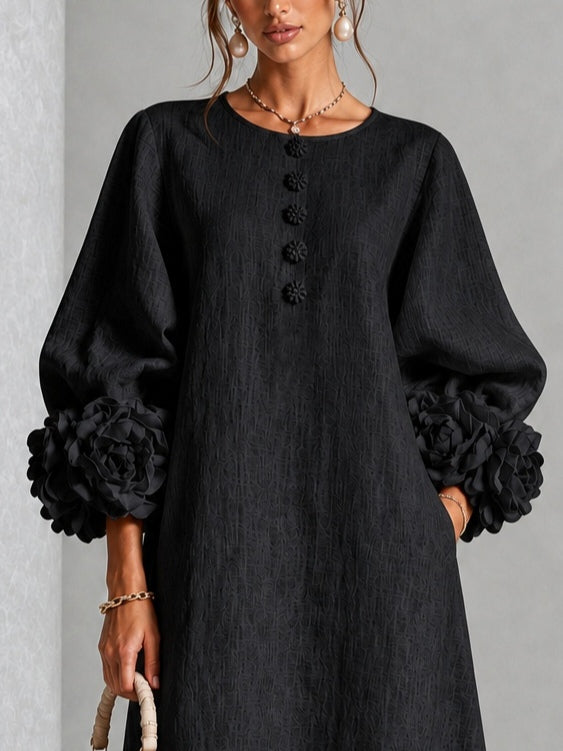 Diana | Midi Dress in Linen Blend with Rose Cuffs, Black