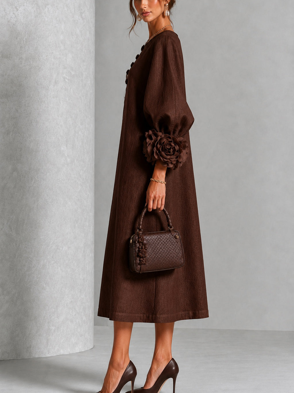 Viola | Midi Dress in Linen Blend with Rose Cuffs, Chocolate Brown