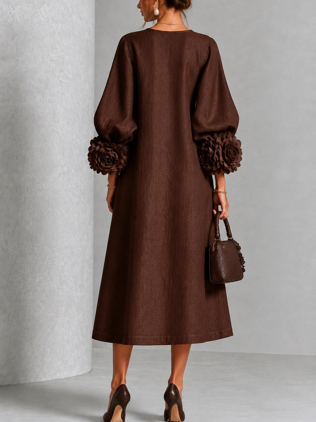 Viola | Midi Dress in Linen Blend with Rose Cuffs, Chocolate Brown
