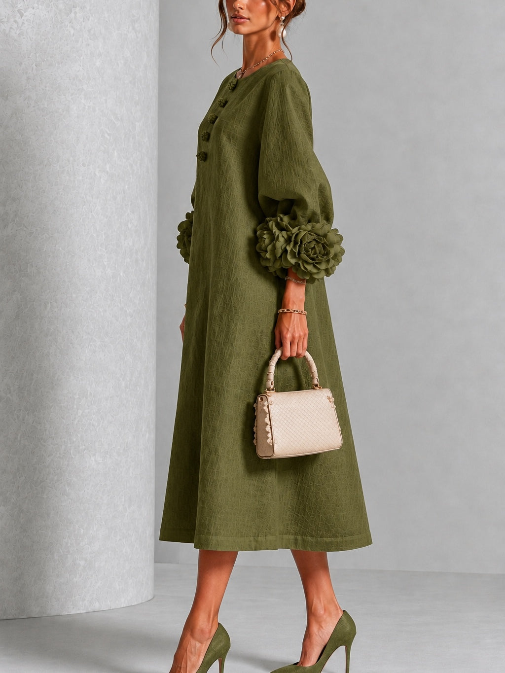 Flavia | Midi Dress in Linen Blend with Rose Cuffs, Olive Green