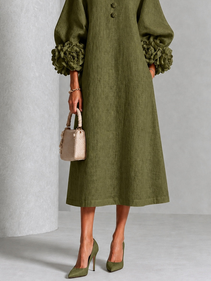 Flavia | Midi Dress in Linen Blend with Rose Cuffs, Olive Green
