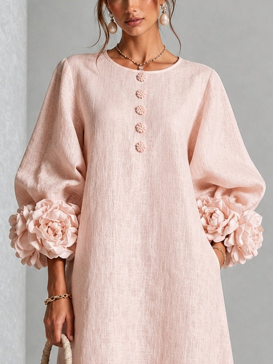 Adele | Midi Dress in Linen Blend with Rose Cuffs, Pink