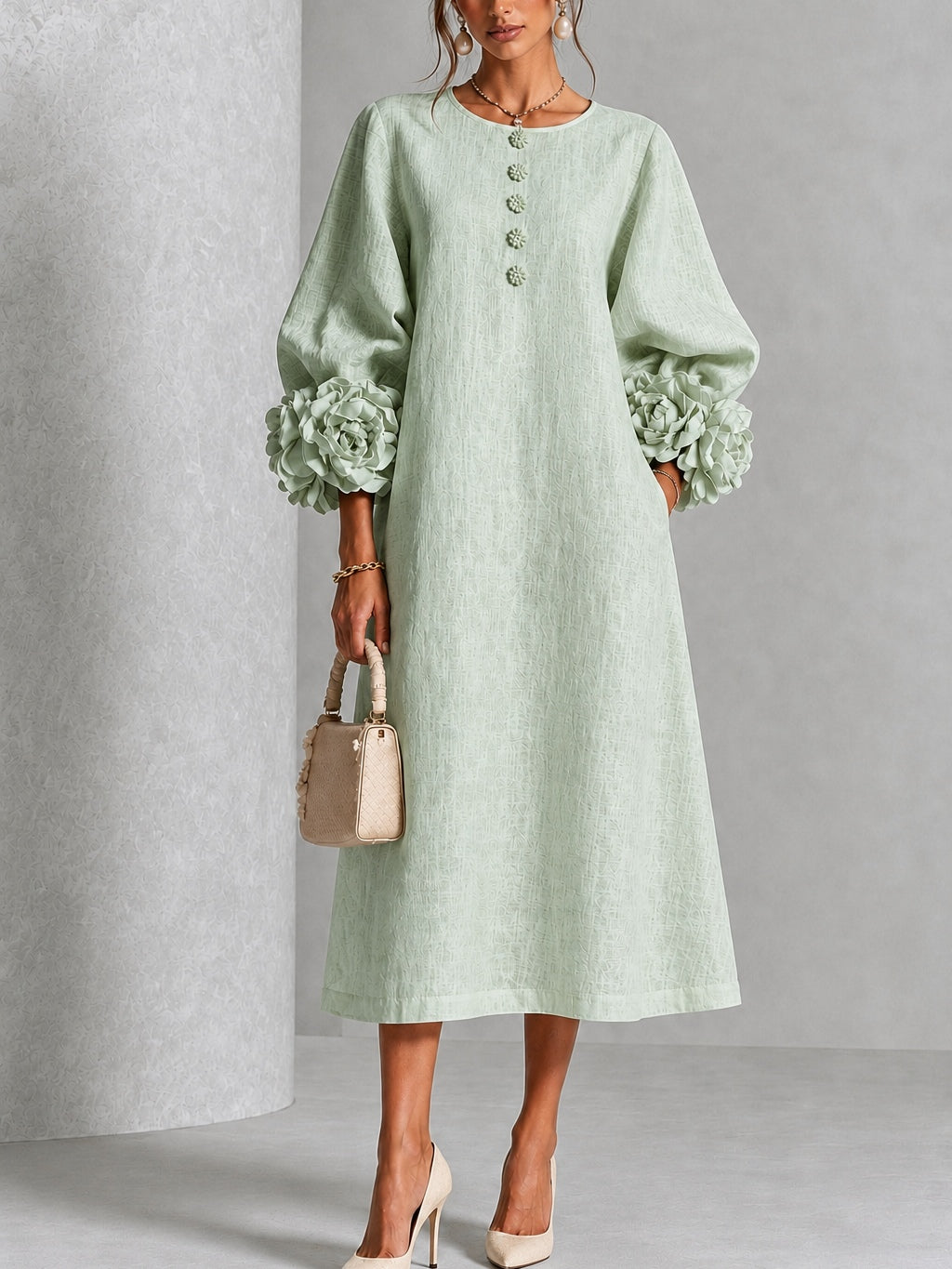 Greta | Midi Dress in Linen Blend with Rose Cuffs, Sage Green