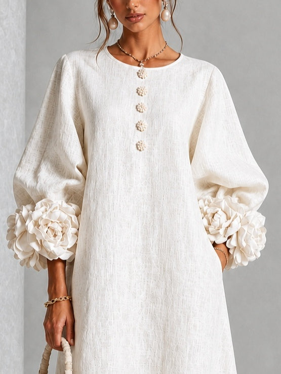 Ludovica | Midi Dress in Linen Blend with Rose Cuffs, White