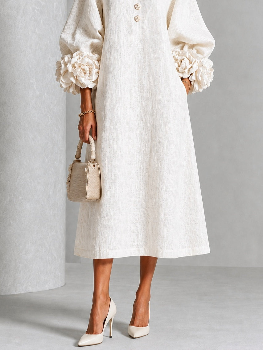 Ludovica | Midi Dress in Linen Blend with Rose Cuffs, White