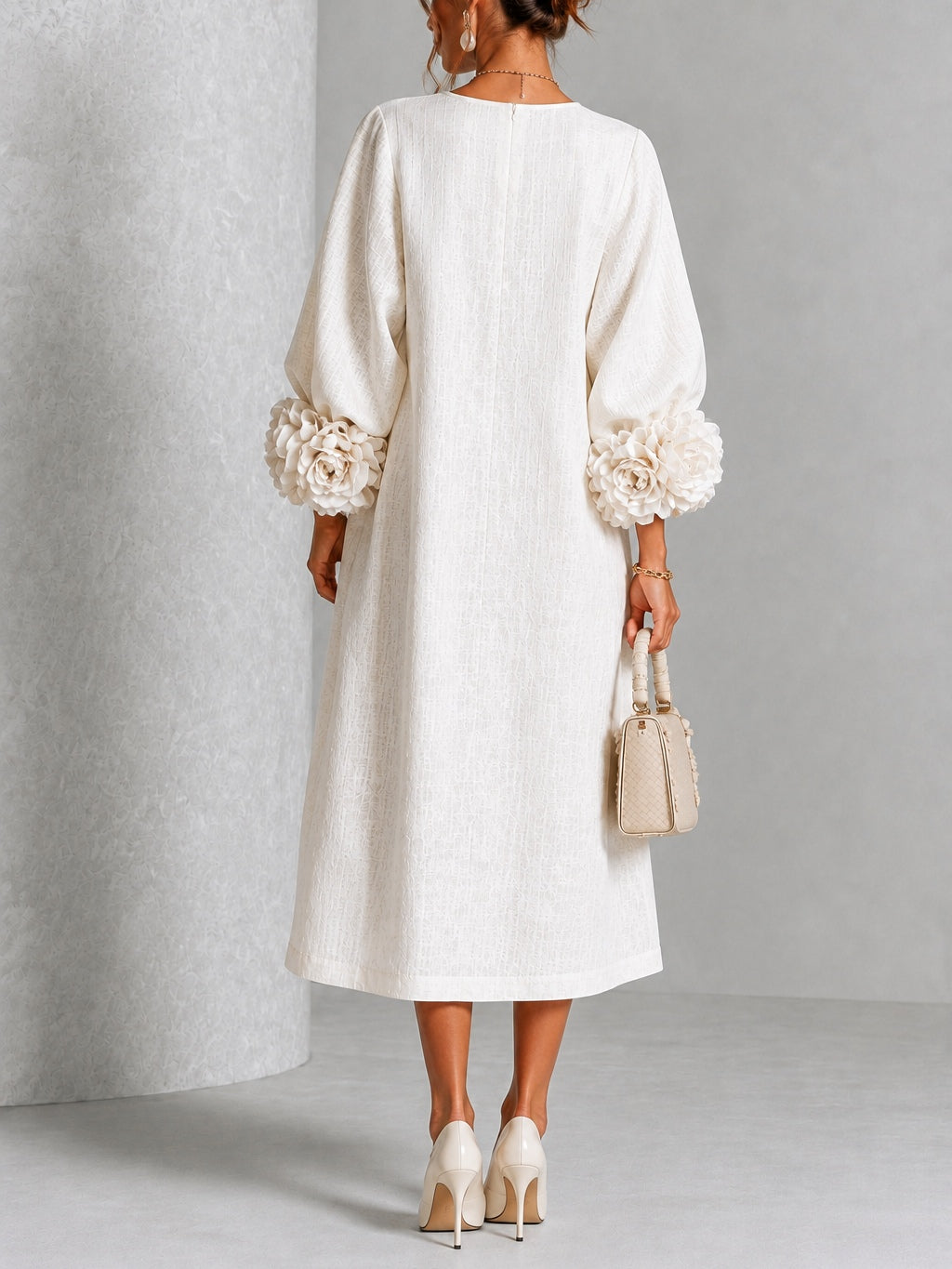 Ludovica | Midi Dress in Linen Blend with Rose Cuffs, White