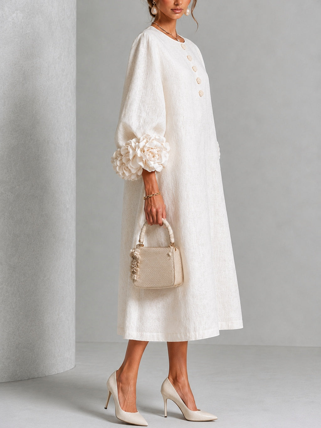 Ludovica | Midi Dress in Linen Blend with Rose Cuffs, White