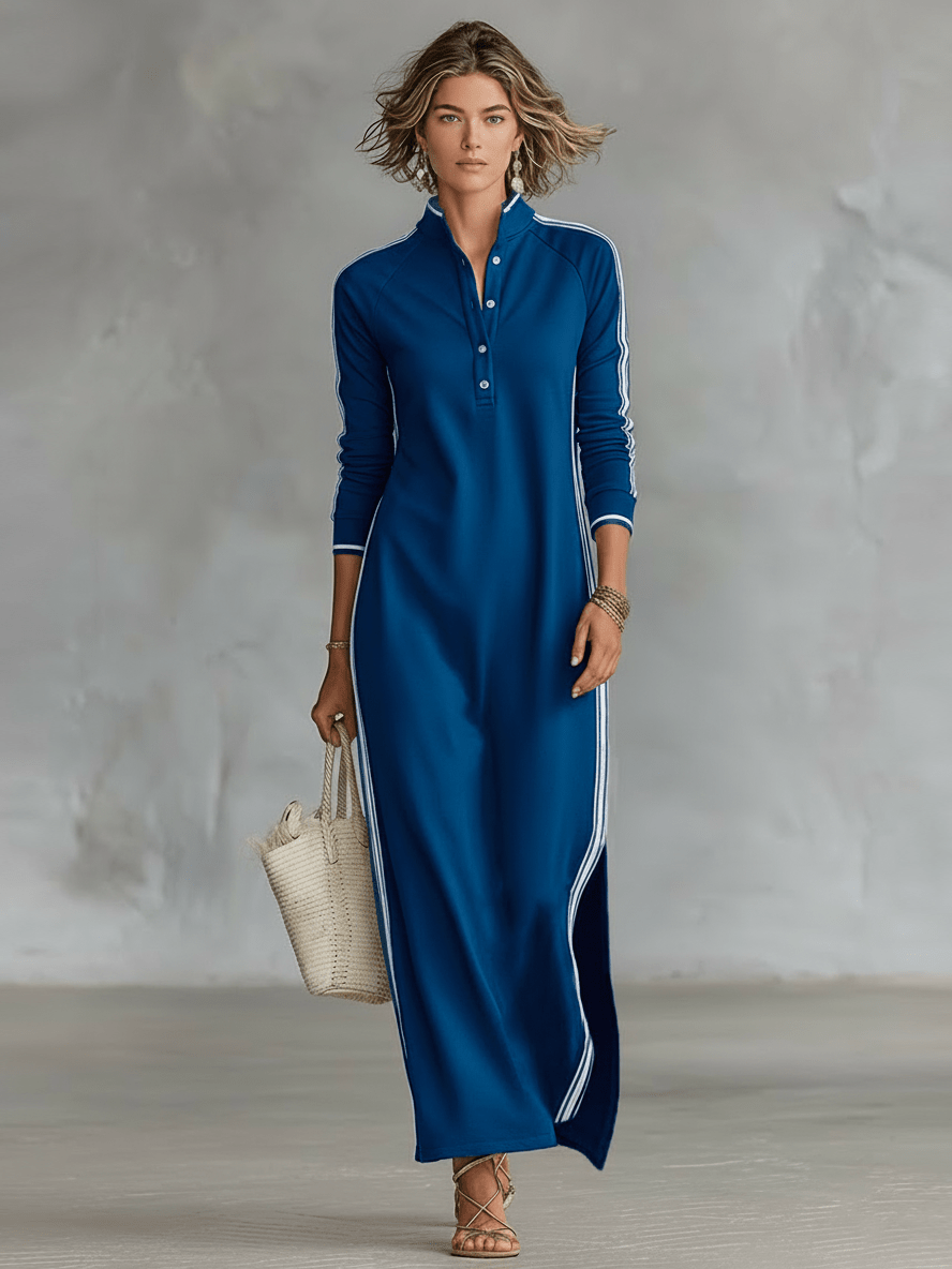Sweatshirt Dress with Button Closure and Collar Maxi Dress