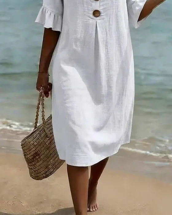 Vanesa™ | Linen Texture Dress with Puff Sleeves and Buttons