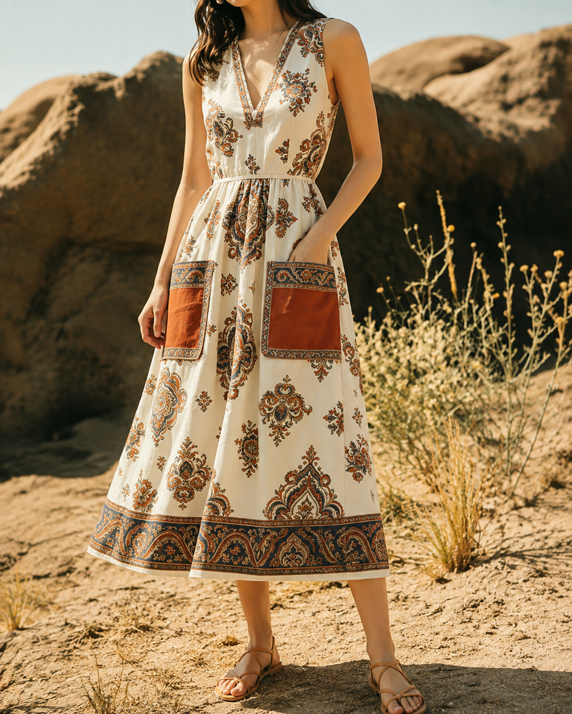 Paisley™ | Vintage Patchwork Tummy-Flattering Midi Dress