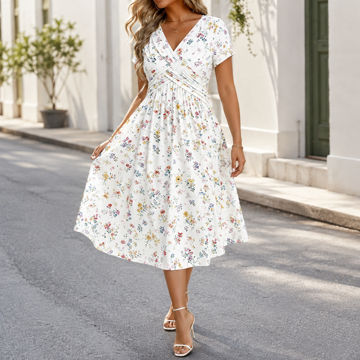 Brooklyn™ | Floral Tummy-Flattering Midi Dress with V-Neck