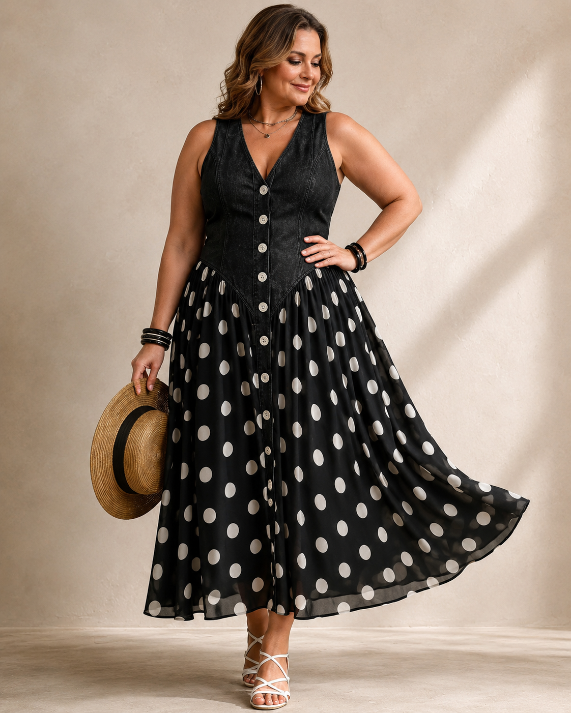 Leah™ | Denim Maxi Dress with Dots Tummy-Flattering