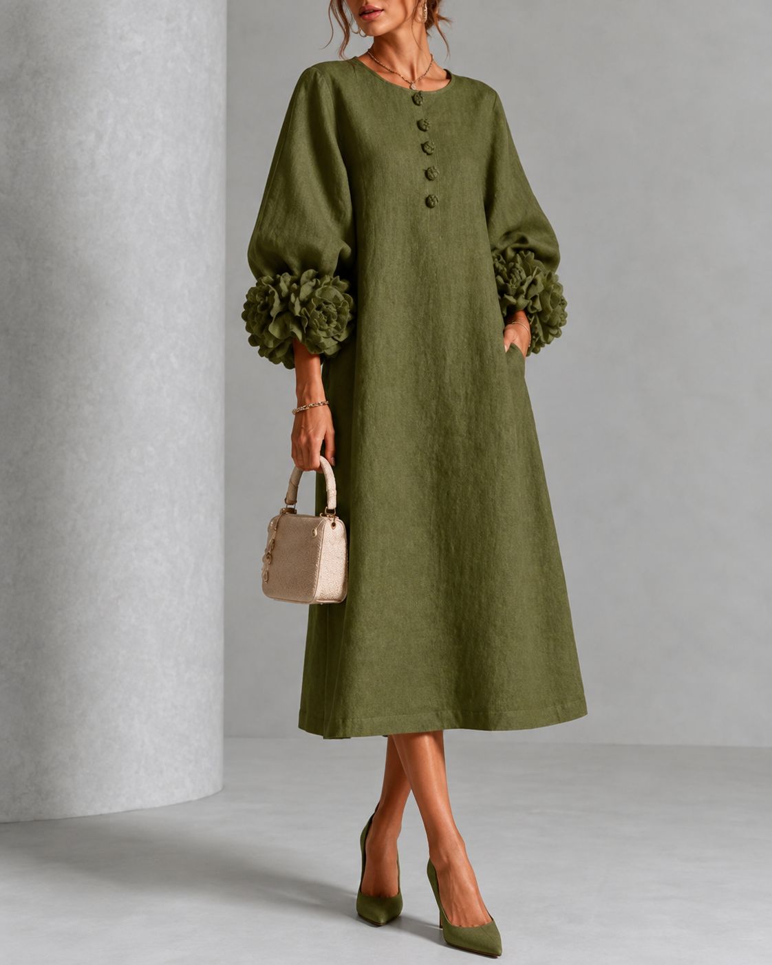 Lily™ | Elegant Tummy-Flattering Midi Dress with Floral Sleeves