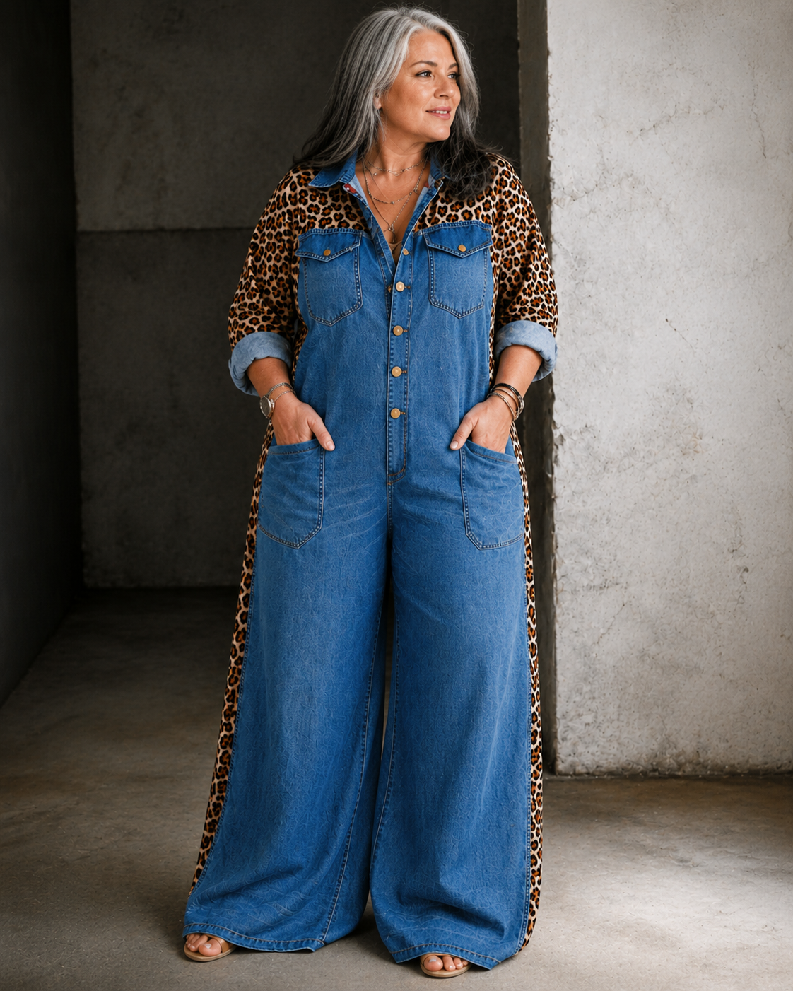 Aven™ | Denim-Look Jumpsuit With Leopard Print