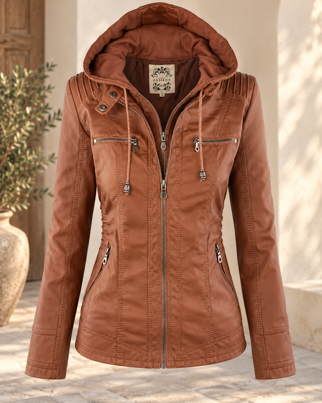 Patricia™ | Elegant Faux Leather Jacket with Hood