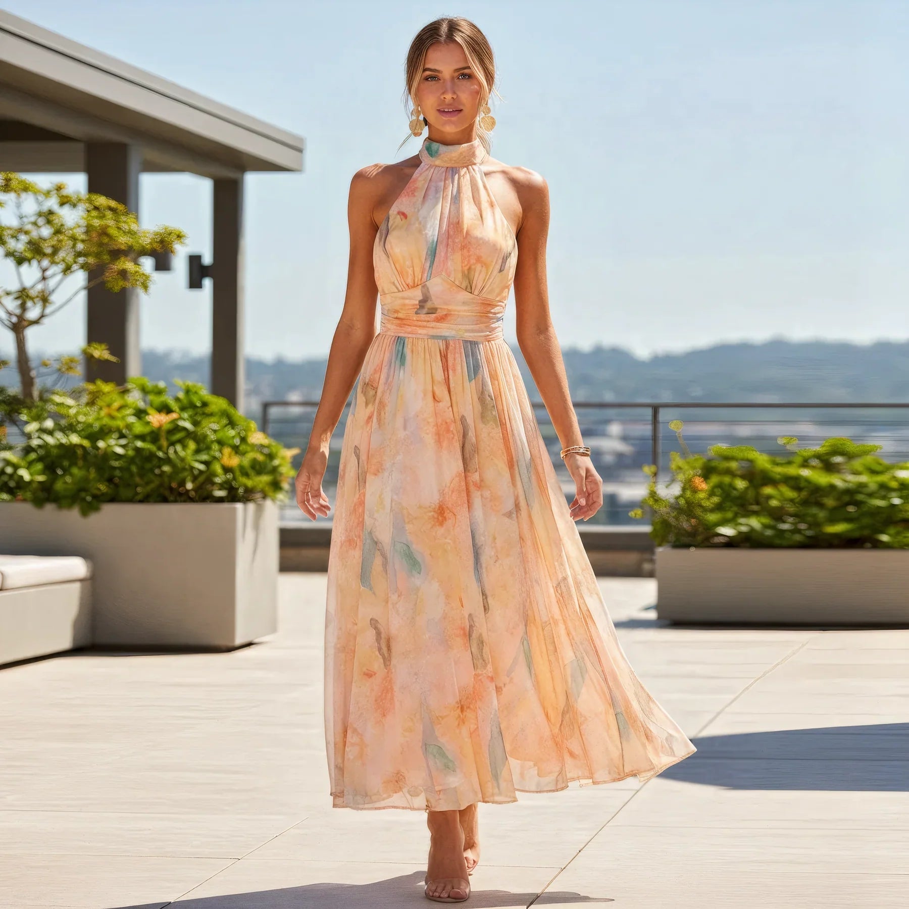 Esther | Halter Neck Watercolor Print Dress