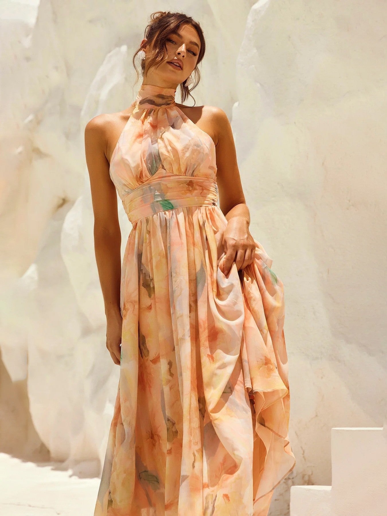 Esther | Halter Neck Watercolor Print Dress