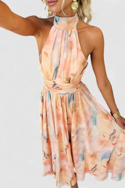Esther | Halter Neck Watercolor Print Dress