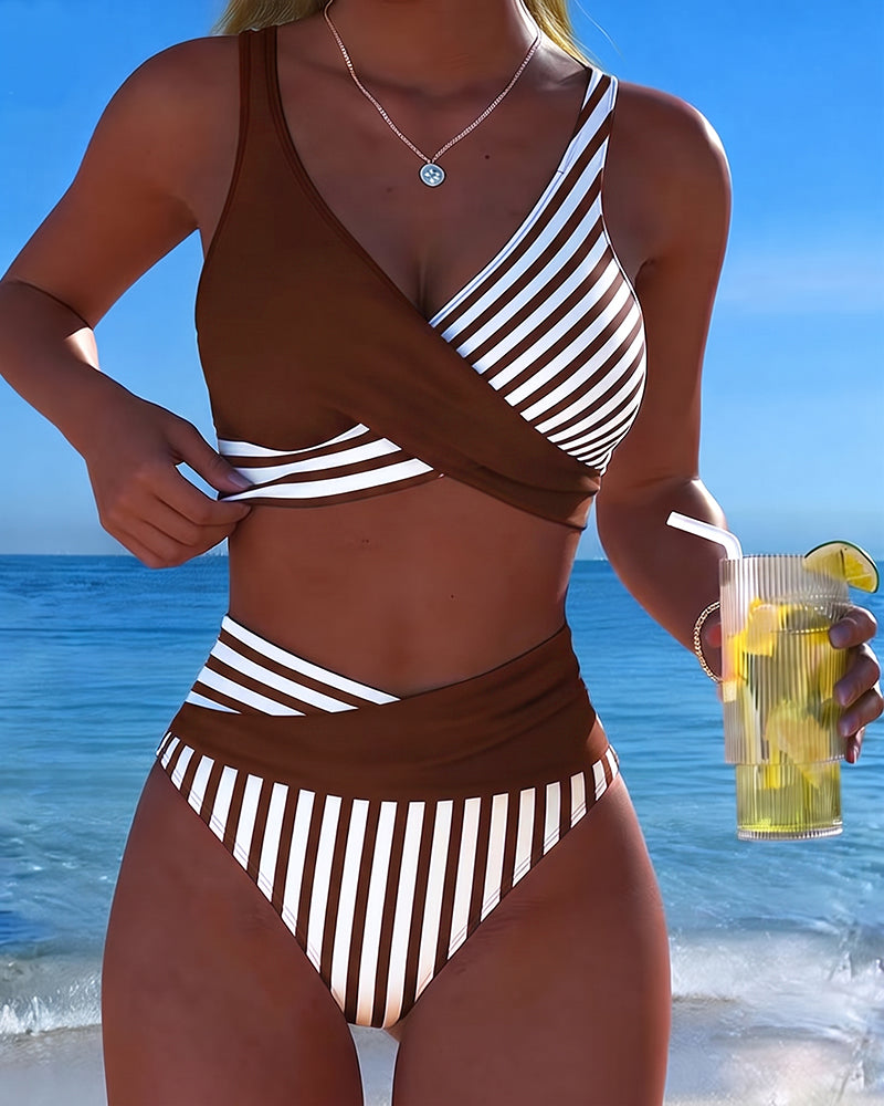 Striped Printed Cross Bikini