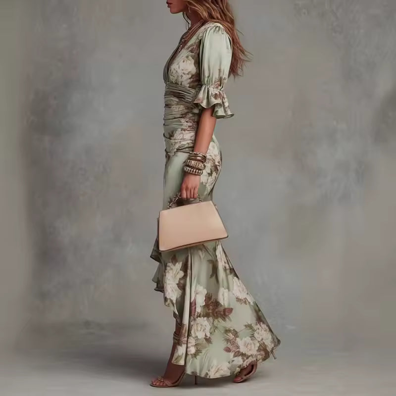 Lucía | Asymmetrical Long Satin Dress with Floral Print