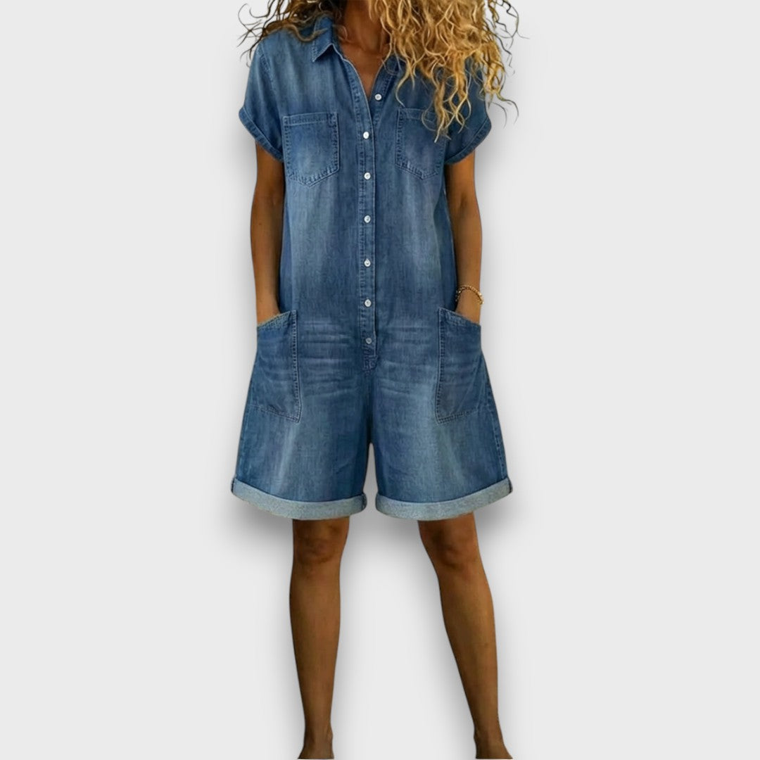 Joan™ | Short Cotton Denim-Effect Dungarees