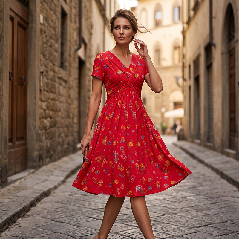 Brooklyn™ | Floral Tummy-Flattering Midi Dress with V-Neck
