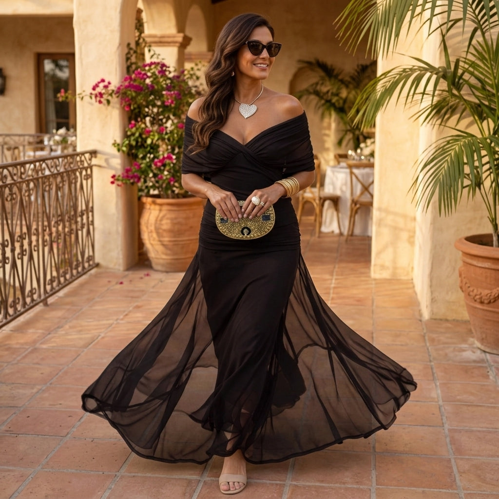 Valentina tummy flattering off shoulder maxi dress