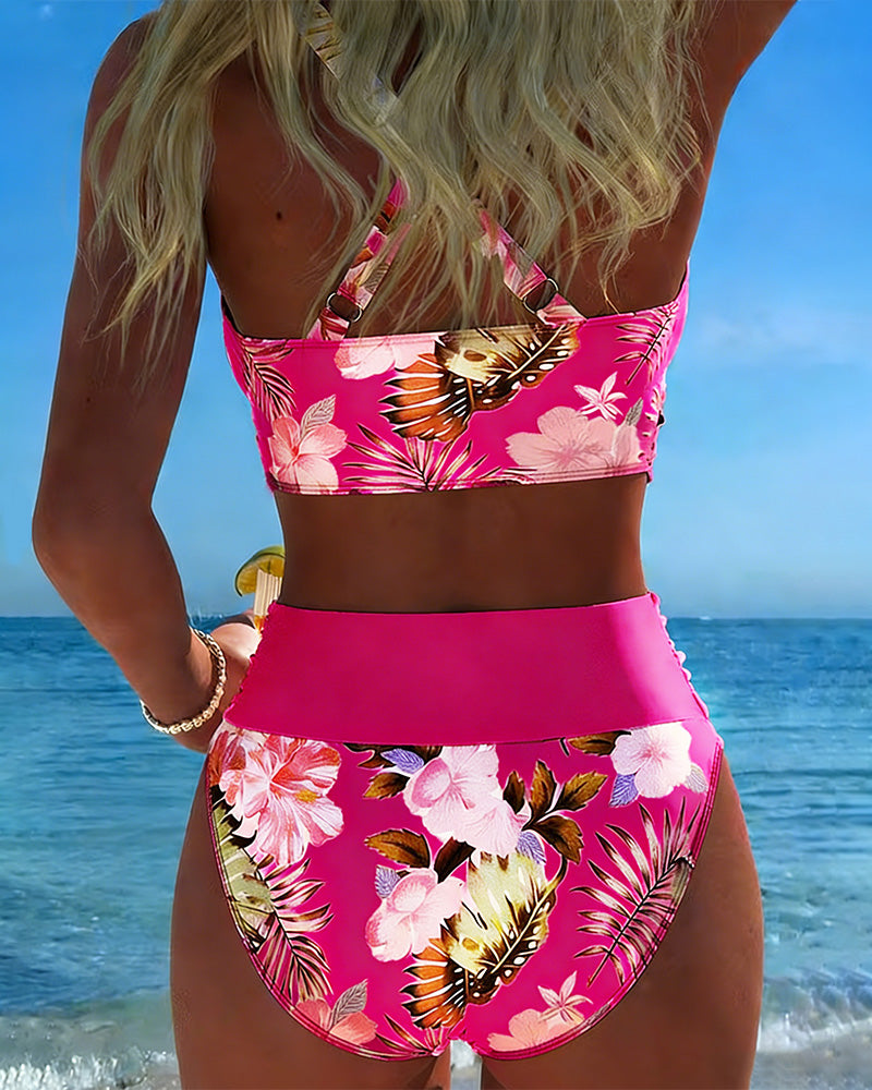 Floral Contrast Cut-Out Bikini