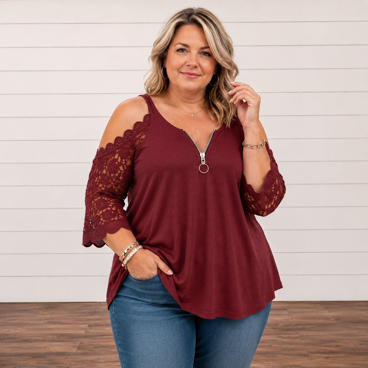Brooklyn™ | Elegant Tummy-Flattering Lace Off-Shoulder Top with Zip