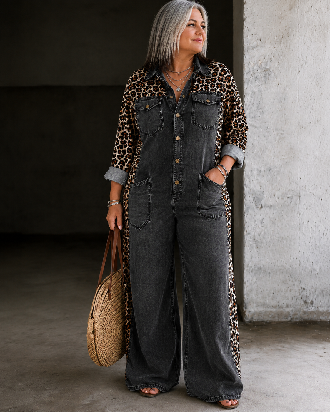 Aven™ | Denim-Look Jumpsuit With Leopard Print