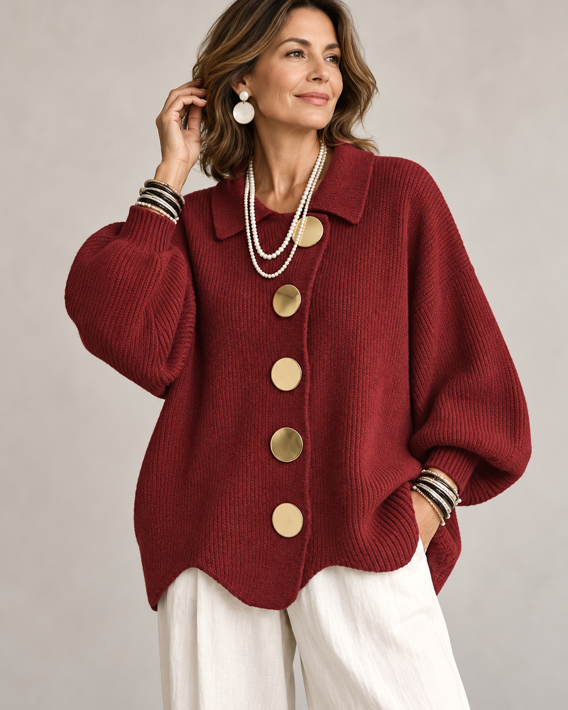Brenda™ | Oversized Knit Cardigan with Collar and Statement Buttons