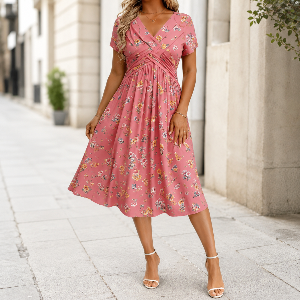 Brooklyn™ | Floral Tummy-Flattering Midi Dress with V-Neck