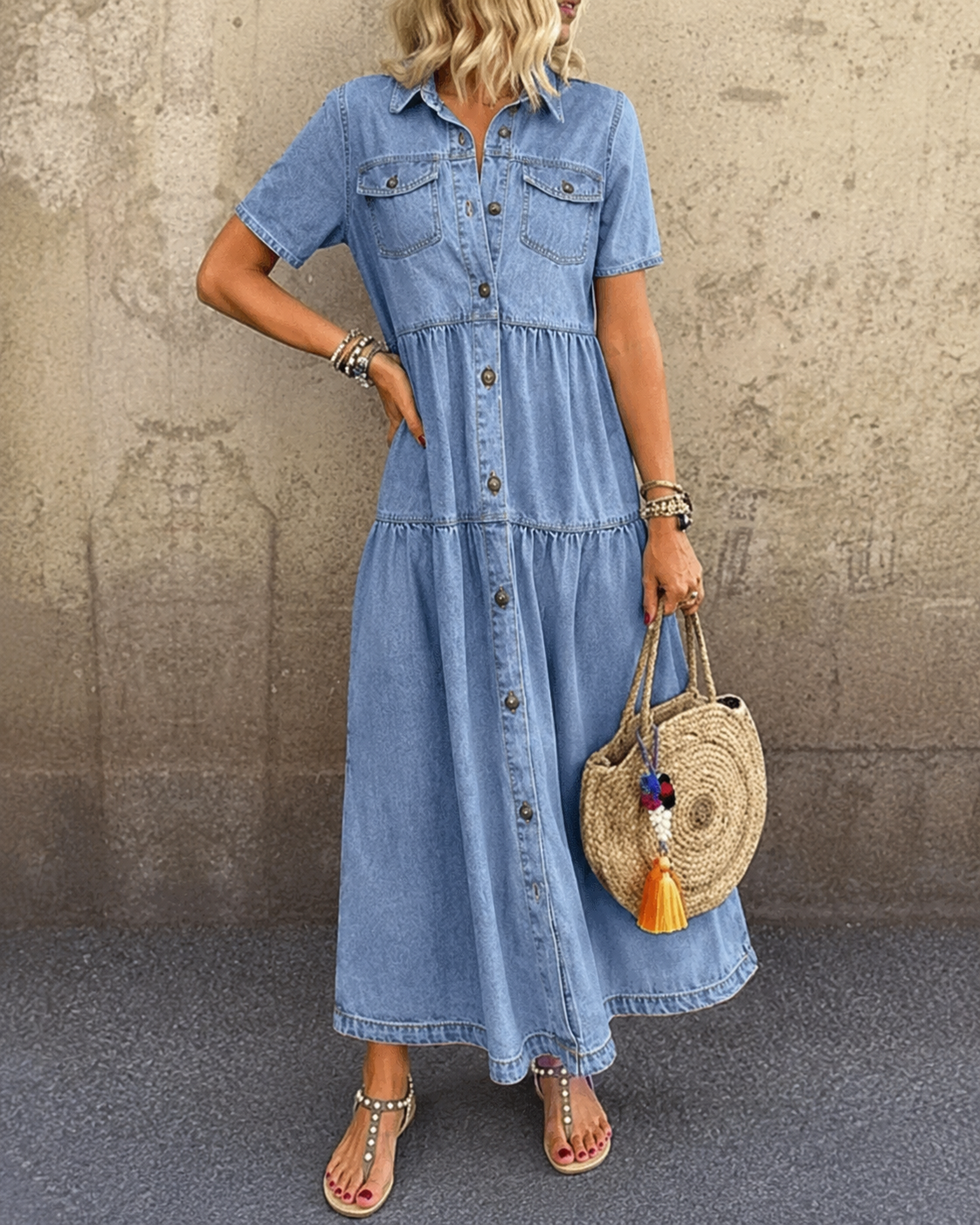 Grace™ | Belly-covering Denim Midi Dress with Buttons