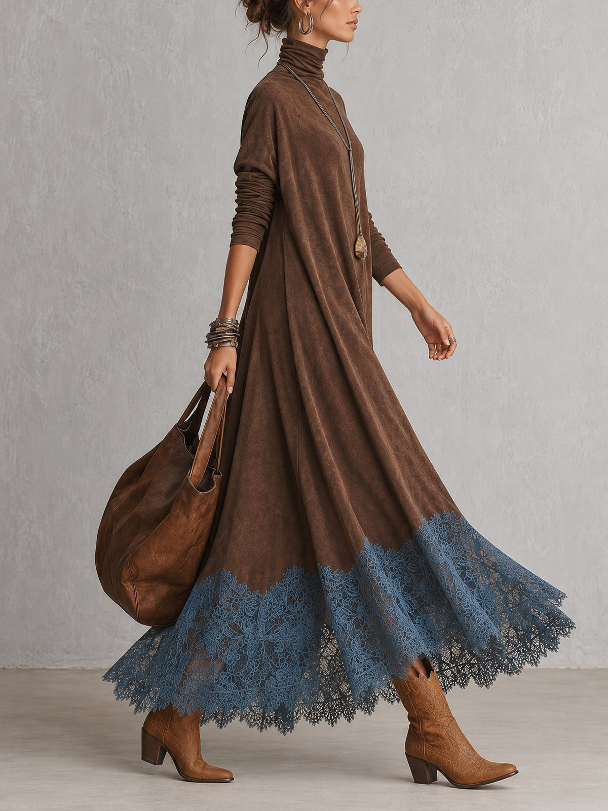Deborah™ | Elegant Suede-Look Maxi Dress with Lace Hem