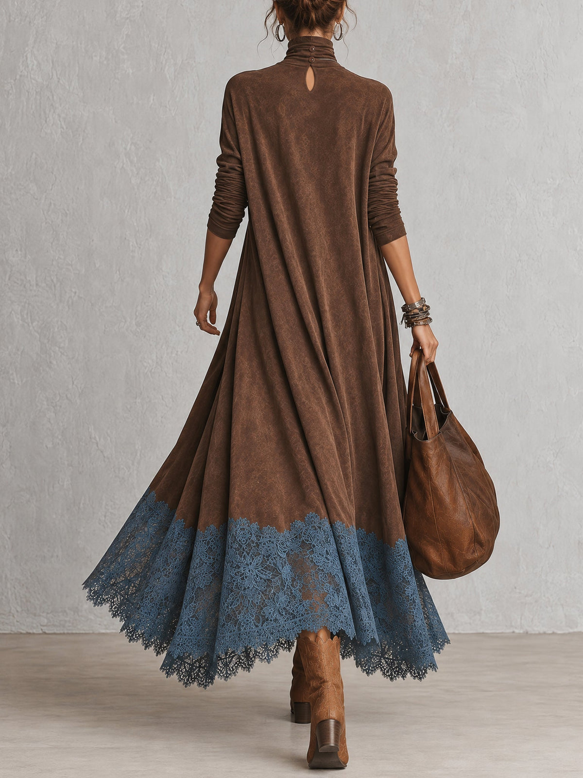 Deborah™ | Elegant Suede-Look Maxi Dress with Lace Hem