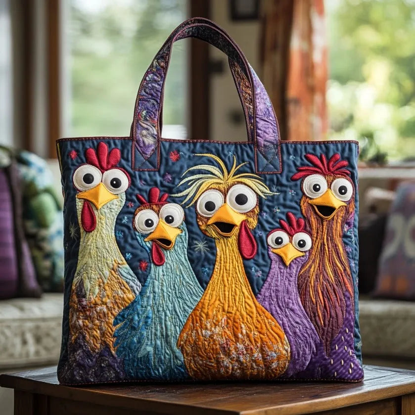Handcrafted Bag with Five Colorful Hens