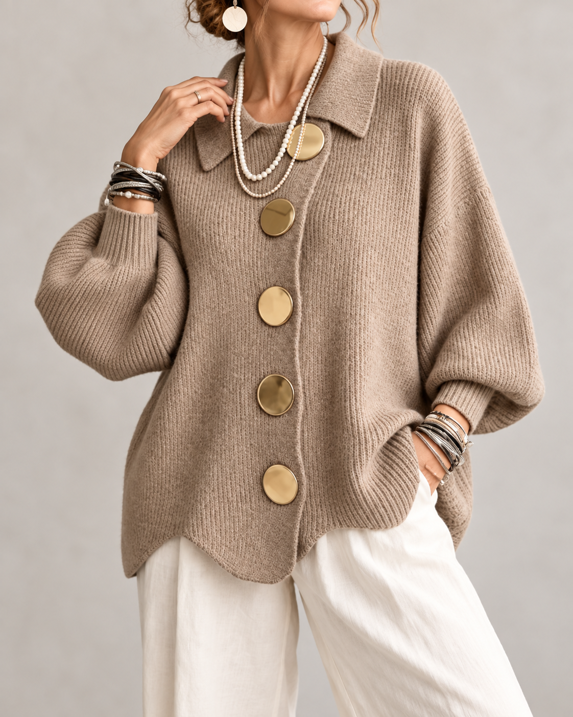 Brenda™ | Oversized Knit Cardigan with Collar and Statement Buttons