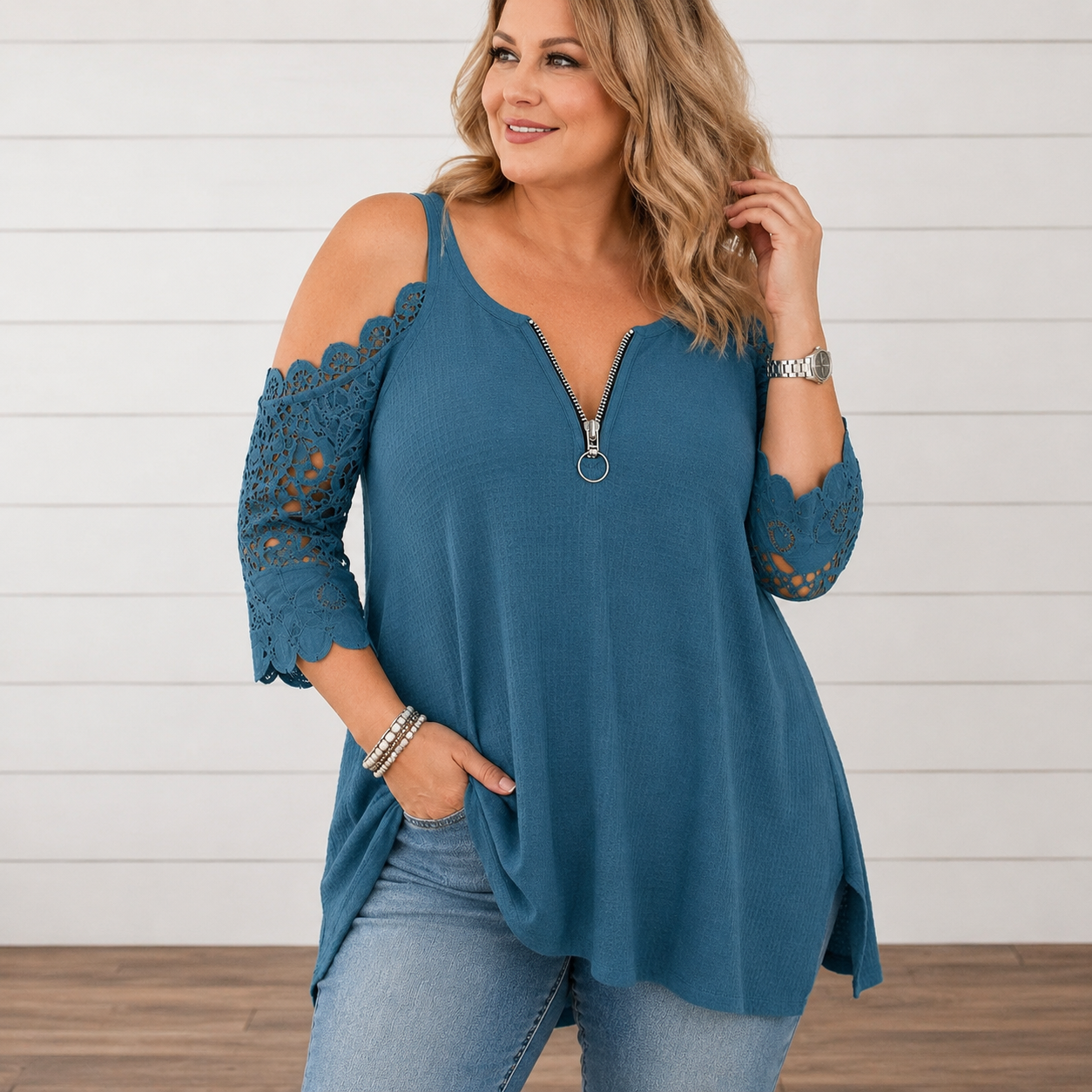 Brooklyn™ | Elegant Tummy-Flattering Lace Off-Shoulder Top with Zip