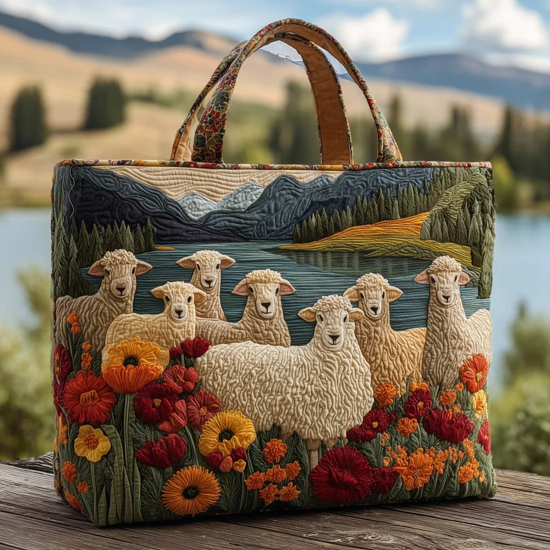Handmade Tote Bag Sheep in the Lake