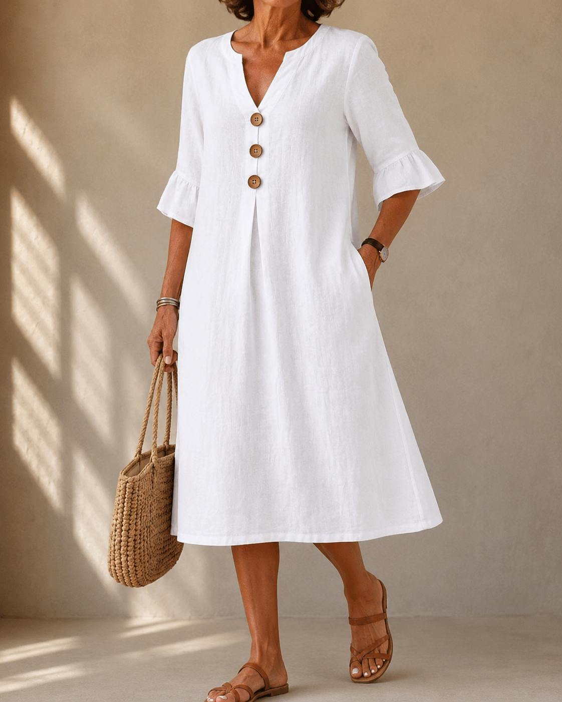 Leah™ | Tummy-Flattering Midi Dress with Buttons