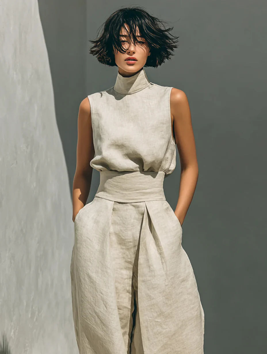 Flor™ | Minimalist Set of Sleeveless Blouse and Wide-Leg Pants in Cotton and Linen for Women