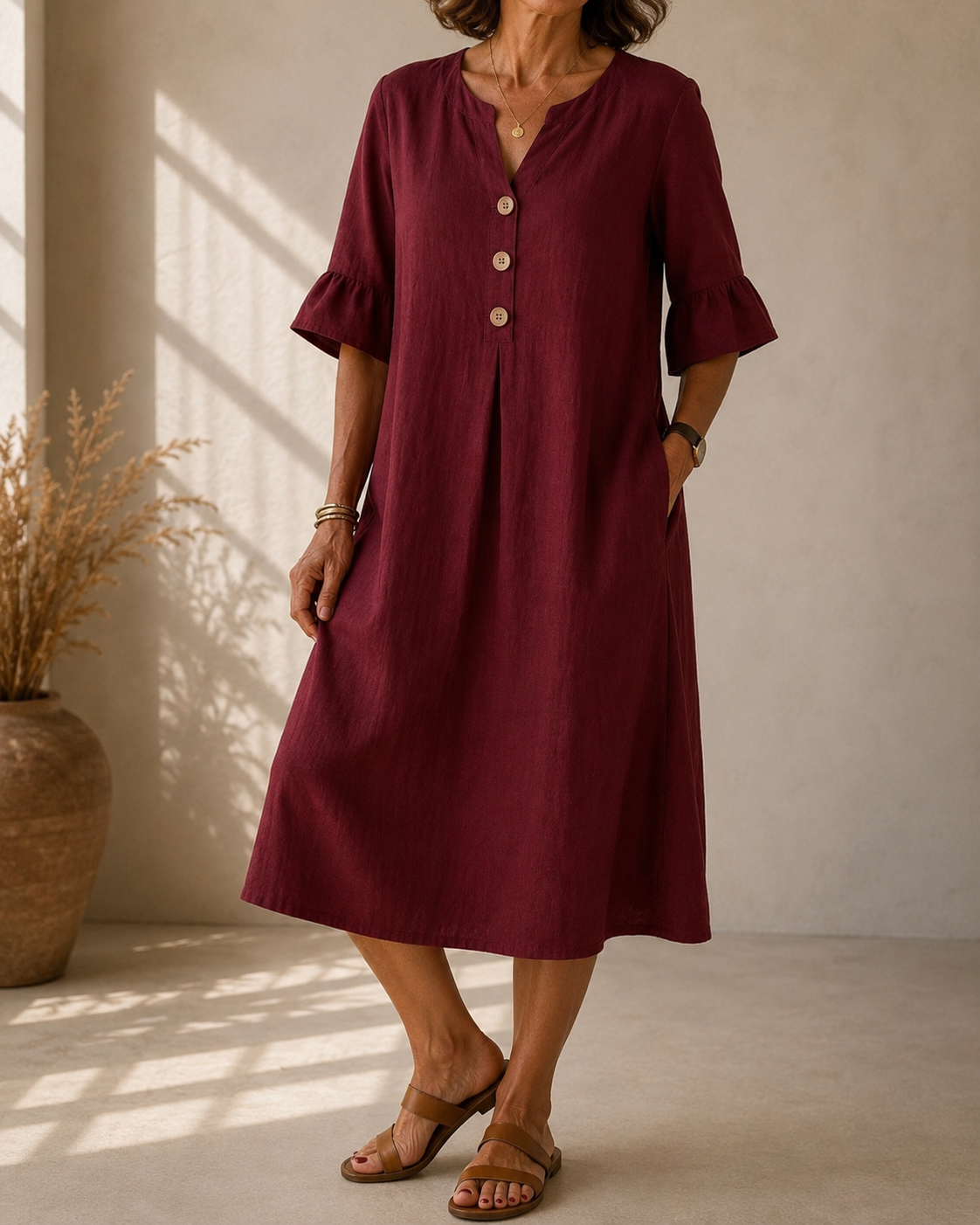 Leah™ | Tummy-Flattering Midi Dress with Buttons